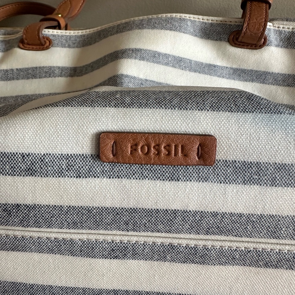 Fossil Blue and White Striped Tote with Brown Leather Straps - Picture 5 of 10